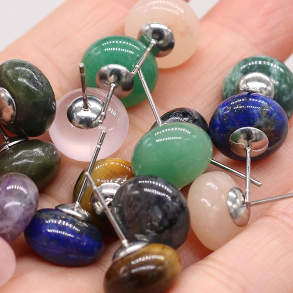 *[Holiday sale]*New!! Natural Stone Stud Earrings, Stone 12x12mm - Aquatic Agate - Picture 2 of 2